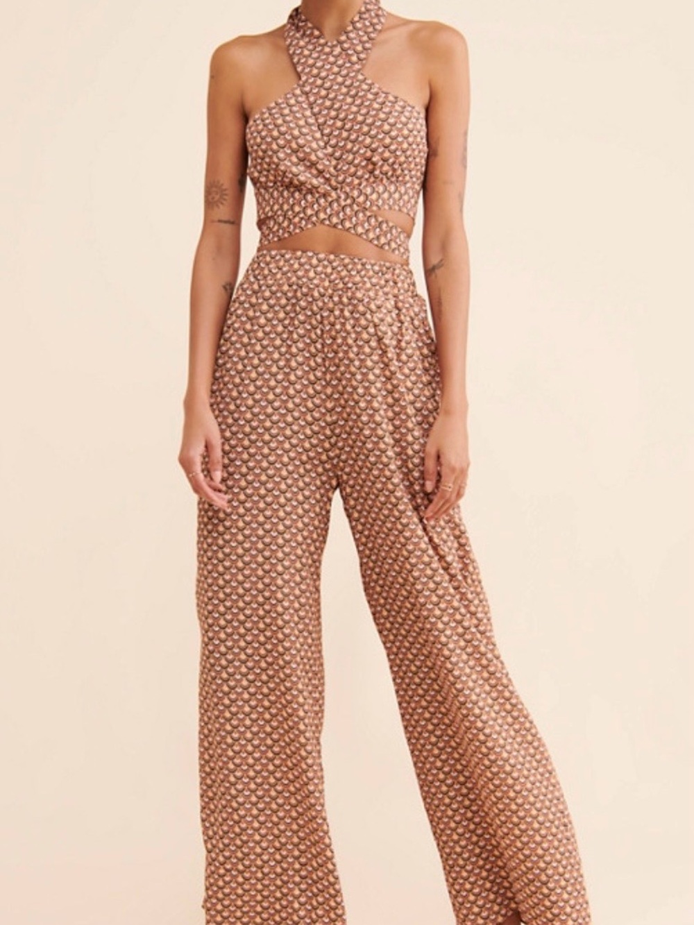 Charlie Holiday Rose-Brown Halter Crop Top & Wide-Leg Set
